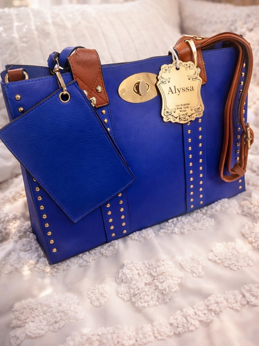 Alyssa Royal Blue Gold Studded Vegan Leather Bag